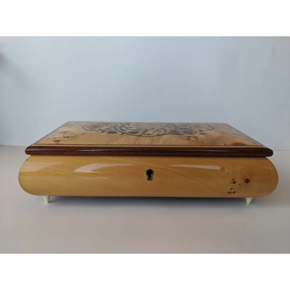 Vtg Reuge Musiceerk Inlaid Wood Music Jewelry Trinket Box 6.5x10 Made In Italy